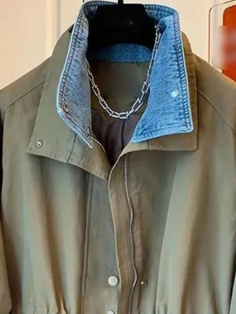 Womens denim Callor spliced khaki windproof jacket womens spring and autumn vacation two-piece streetwear womens coat 241219