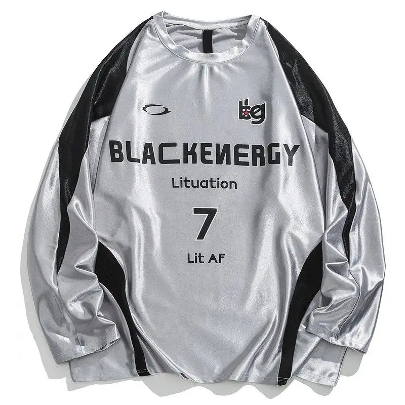 Mens American Retro Style Stitching Contrast Letter Printed T-shirts Trendy High Street Sports Leisure Long-sleeved Tops 241224