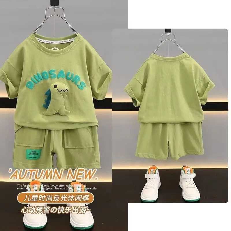 Clothing Sets Summer Kids Girl Boy Clothes Set Dinosaur Cartoon Pattern Cotton T-shirts and Shorts Suit Children Top Bottom 2pcs TracksuitsY241225KAPW