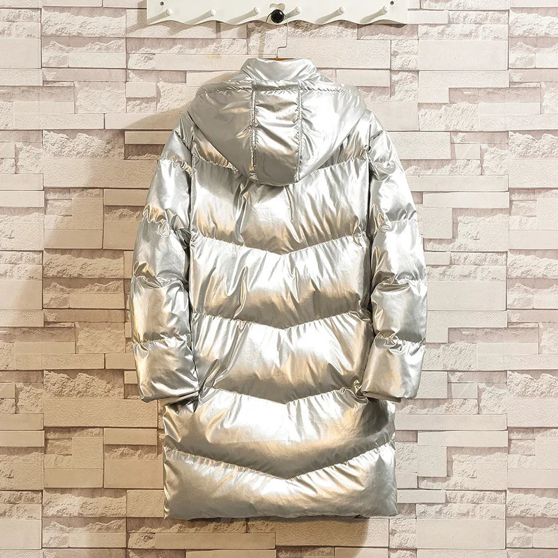 YASUGUOJI Fashion Bright Silver Winter Man Jacket Thick Cotton Padded Mens Jackets and Coats Hooded Warm Long Parka Men 241225