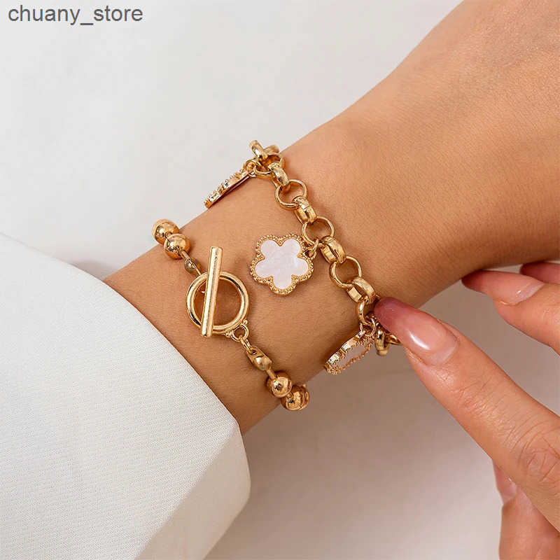 Chain Trendy Geometric Link Chain Set For Women Rhinestones Gold Color Five leaf flower clover Pendant Open Cuff Bangle Girls L240910