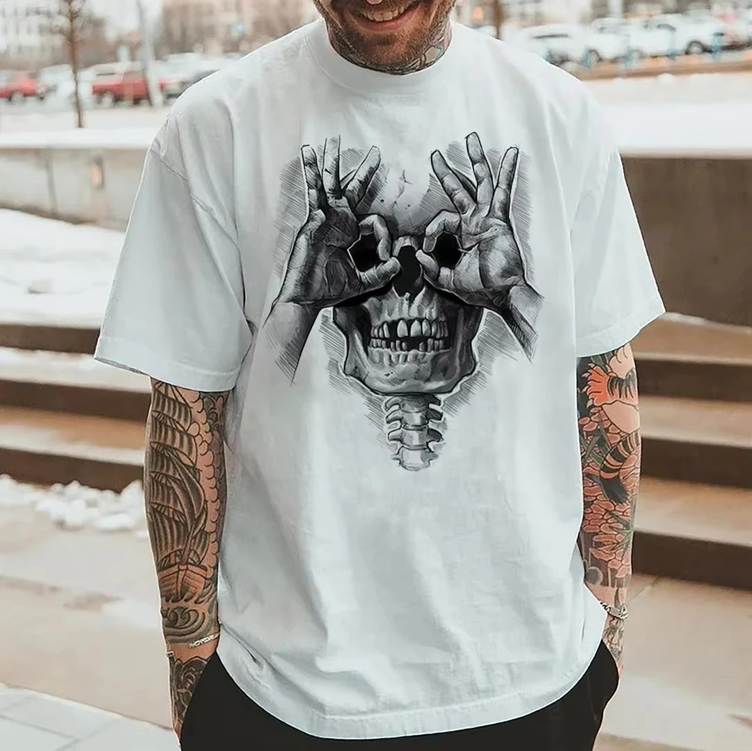 Mens T Shirt skeleton Graphic print Unholy Y2k Style Cotton Casual tee Vintage Harajuku Clothing Streetwear Oversized Loose top 241224