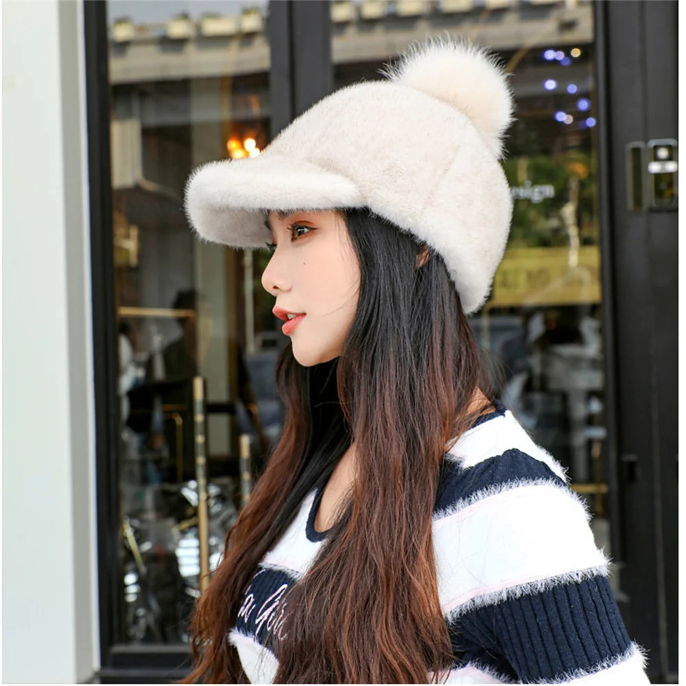 Y2K Fashion Mink Fur Hat Womens Winter Thick Warm Faux Mink Fur Cap Knight Hat Fur Duckbill Hat Baseball Cap Trendy Caps Womens 241225