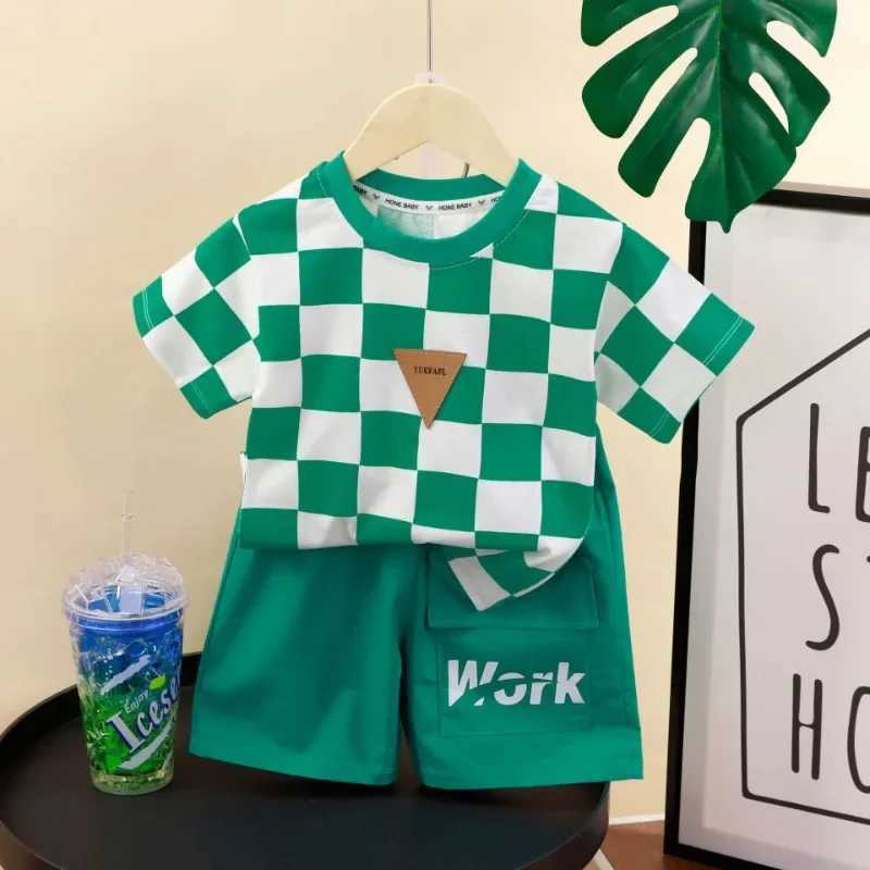 Clothing Sets Kids Cotton Clothes Boys Girls Summer Color Block T-Shirt Letter Shorts 2 Pieces Set Teenage Boy Plaid Tracksuit with ketY241225Q7CP