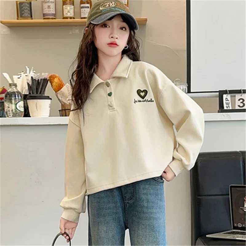 2024 Kids Polo Clothes for Girls Autumn Long Sleeve Polo T Shirts Girls Children Turn-down Collar Sweatshirt With Heart Age 5-14XJ241225