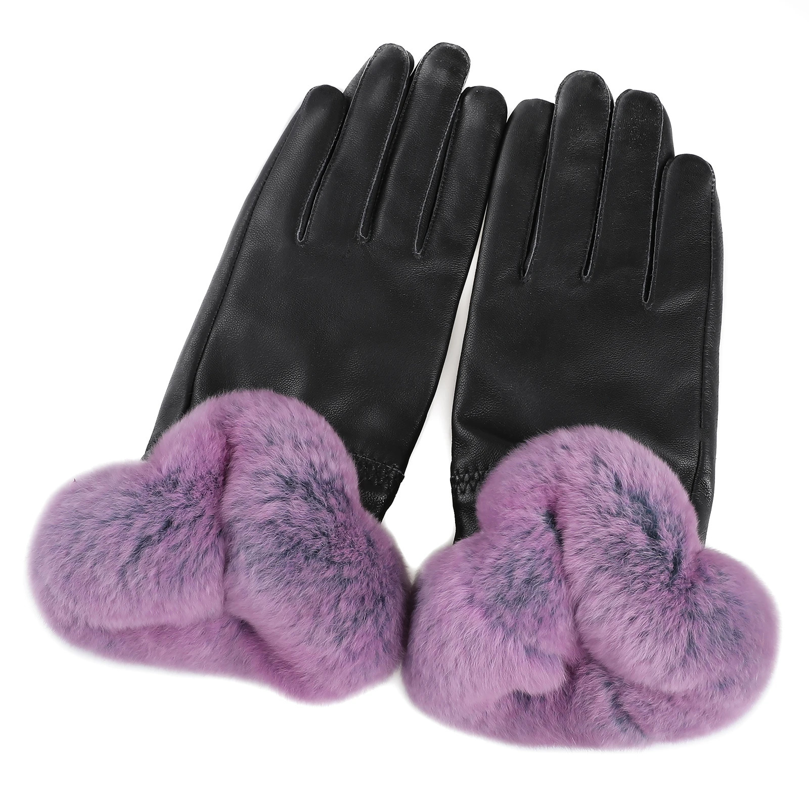 BOONJOVIA Elegant Womens Winter Warm Genuine Leather Gloves With Rex Rabbit Fur Trim Cuffs Velvet Lined 241225