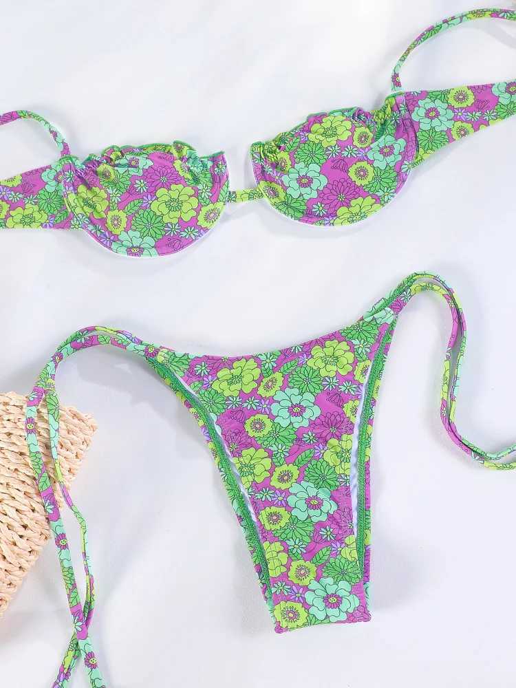 Sexy bikini cup swimsuit print Biquinis Feminino swimsuit bow bikini set mini swimsuit womens beach wear summerW241225