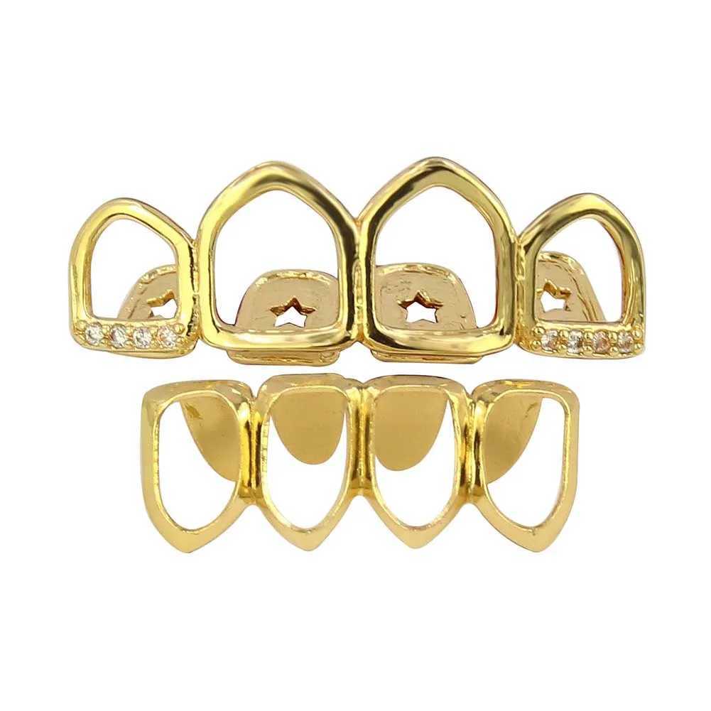 Fashion 4/4 Full Hollow CZ Teeth Grillz 14K Gold Plated Tooth Cs Decor Braces Fangs Dental Grills For Men Women JewelryXJ241225