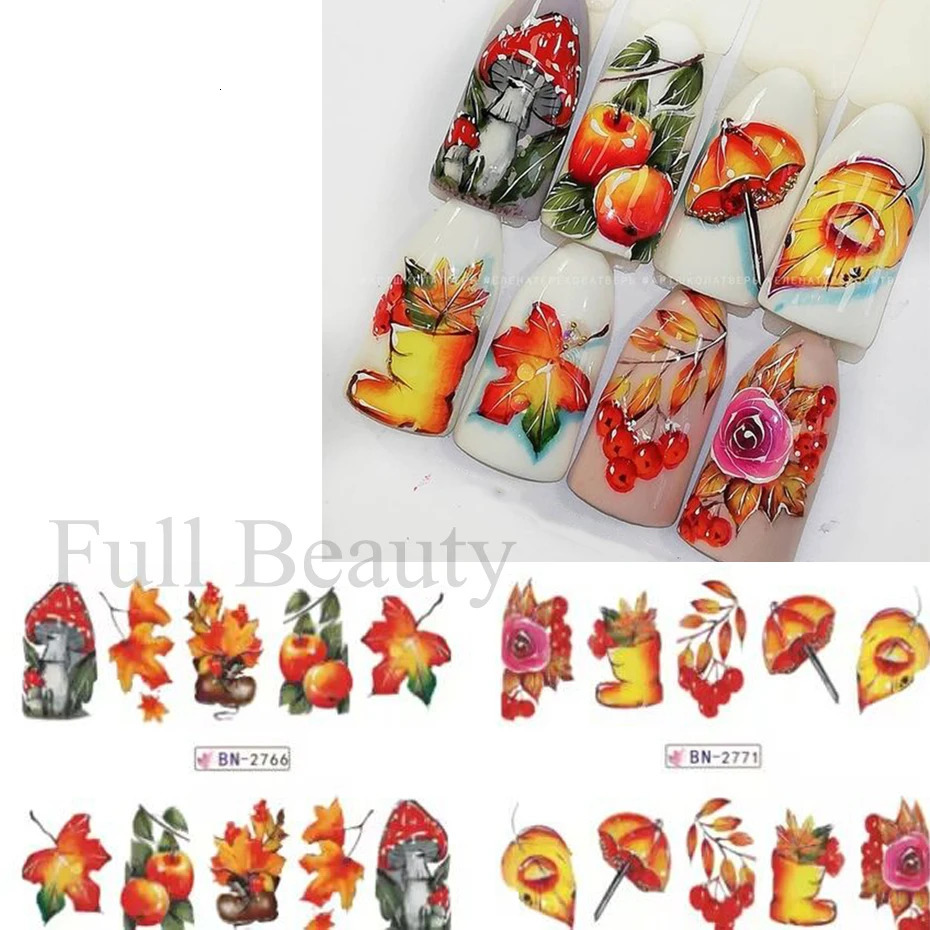 12pcs Fall Leaves Nail Art Stickers Maple leaf Animal Cartoon Water Slider Abstract Nail Decals Autumn Flowers Decor Manicure 241225