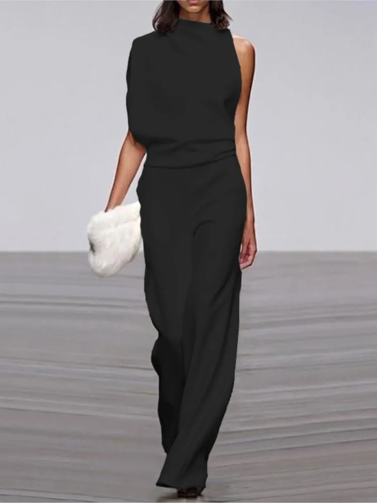 Summer Solid Color Sleeveless Stand Collar Jumpsuits Women Fashion Temperament Elegant Lady Commuting Backless Jumpsuit 241225