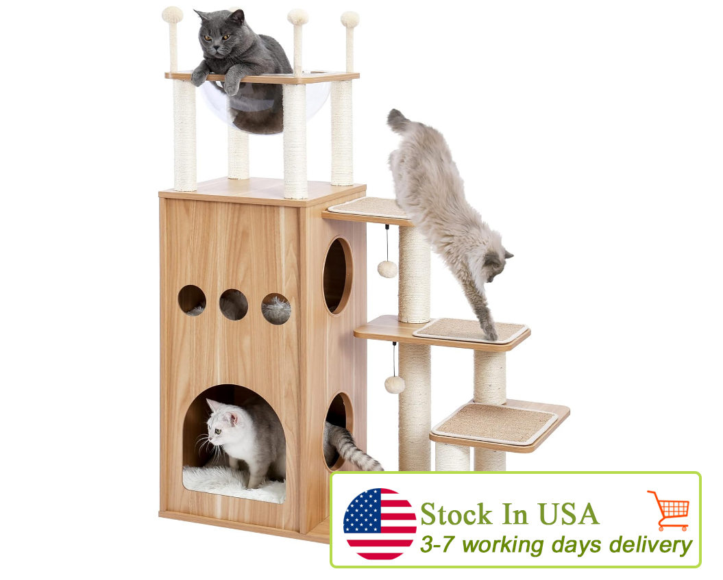 Made4Pets Modern Tree Large Cat, Wood Tower Heavy Duty with Scratch Post for Indoor Big Cats, Extra Tall Cat Condo Sturdy Frisco Castlel, 3-7days deli