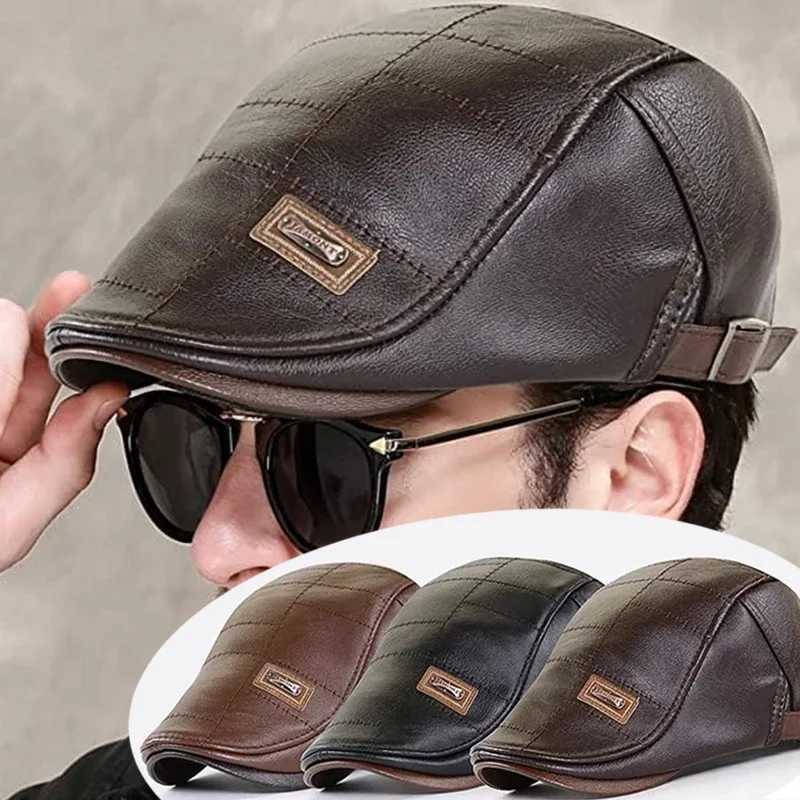 Mens fashion retro PU leather beret autumn winter warm beret middle-aged and elderly mens lining warm flat leather hat adjustable W241225
