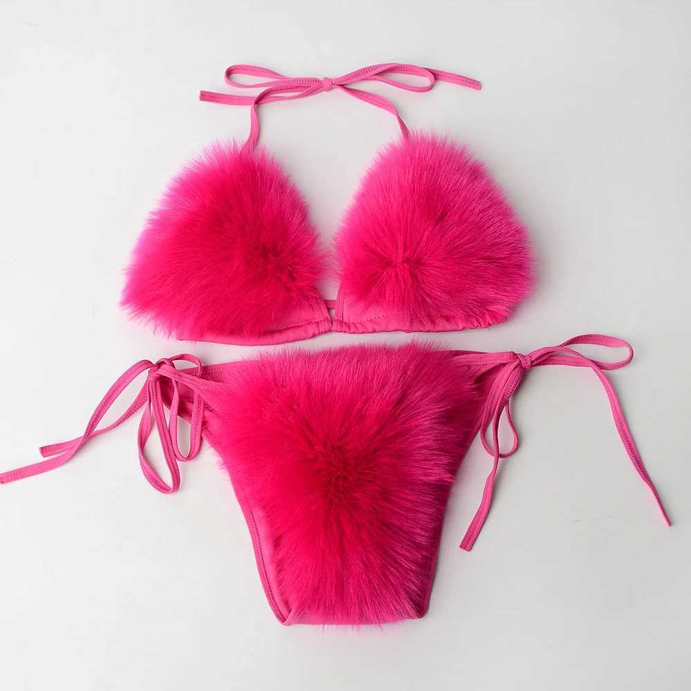 New womens sexy bikini swimsuit 2-piece set summer fur swimsuit bikini swimsuit adjustable bra cute girl beach bikini swimsuitW241225