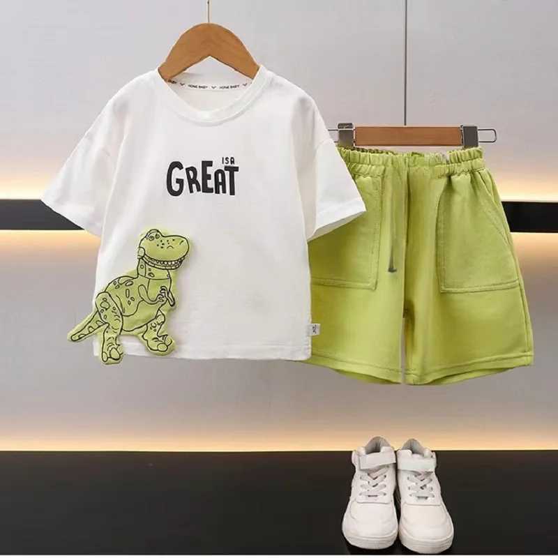 Clothing Sets Summer childrens girls and boys clothing set childrens cartoon dinosaur short sleeved zipper top and shorts 2-piece set letter setY24122