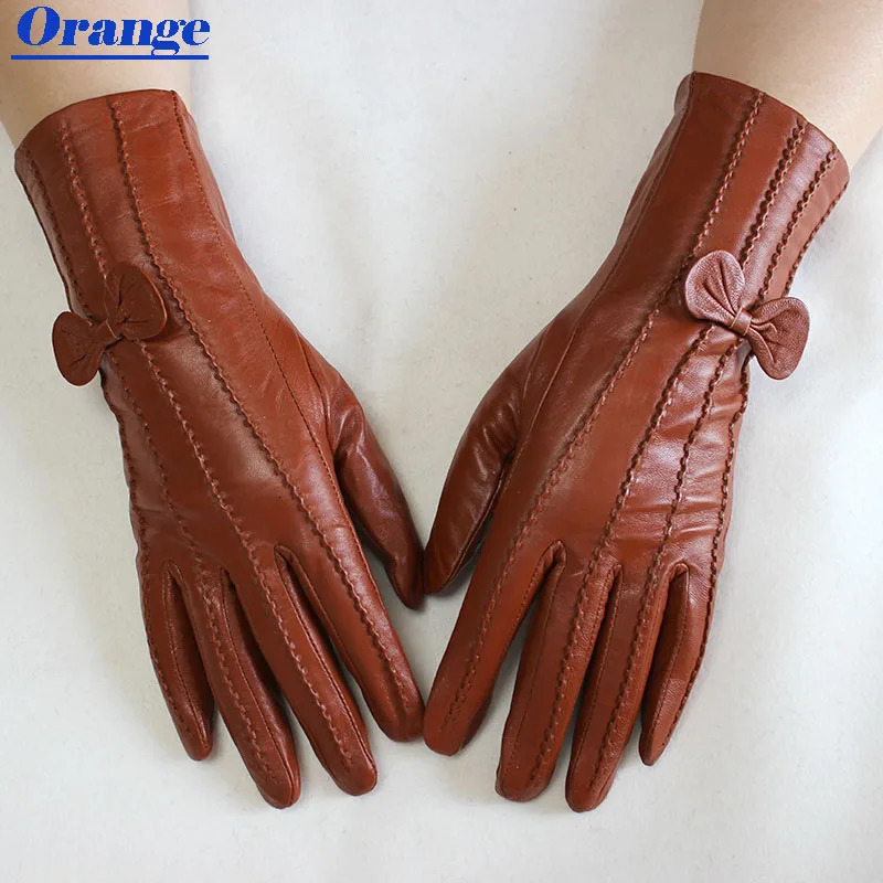 Sheepskin Gloves Womens Mid-Length Striped Style Velvet Lining Autumn and Winter Warmth Ladies Brown Leather Finger Gloves 241225