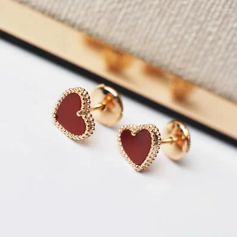 Boucles d’Oreilles Clou Charm 18K Qualité V Or Luxe Marque Agate Naturelle Coeur Rouge Bijoux Fins Femme Fille Cadeau
