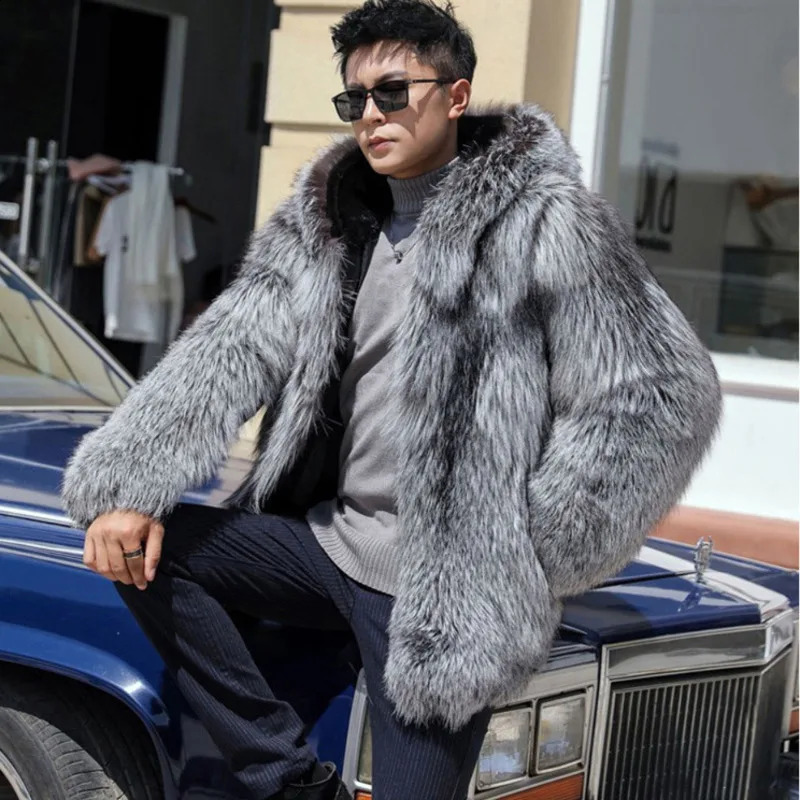 PFNW Hooded Faux Fur Jacket For Men 2024 Loose Fit Thick Winter Coat Soft Silver Grey Causl Padded Liner 12C1170 241223Z