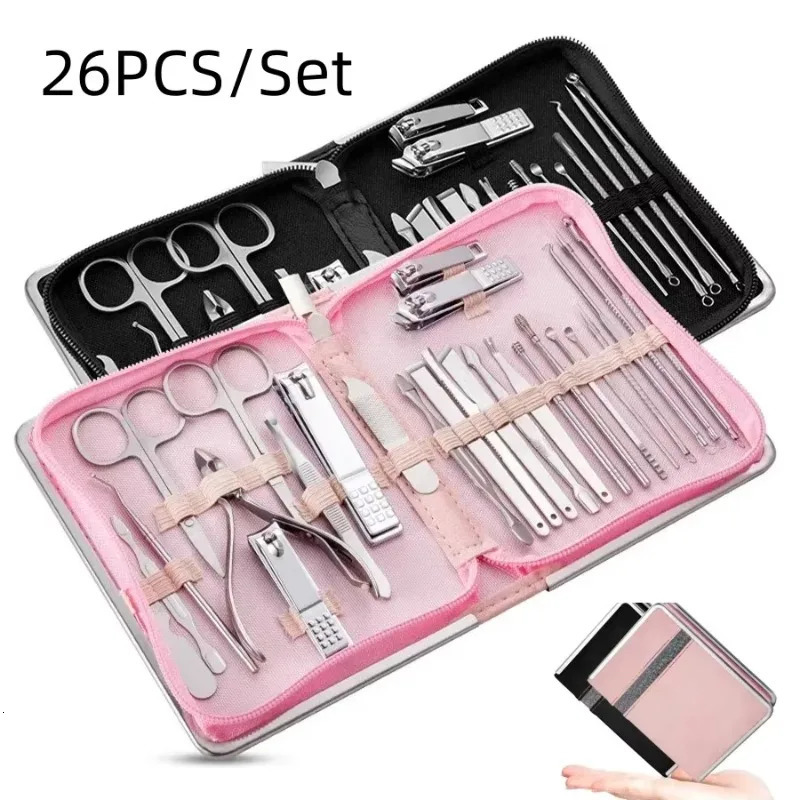 Nail Clipper Set Nail Art Set Zipper Bag 26 Pieces Rose Gold Dead Skin Pliers Pedicure Knife Needle Manicure Set 241225