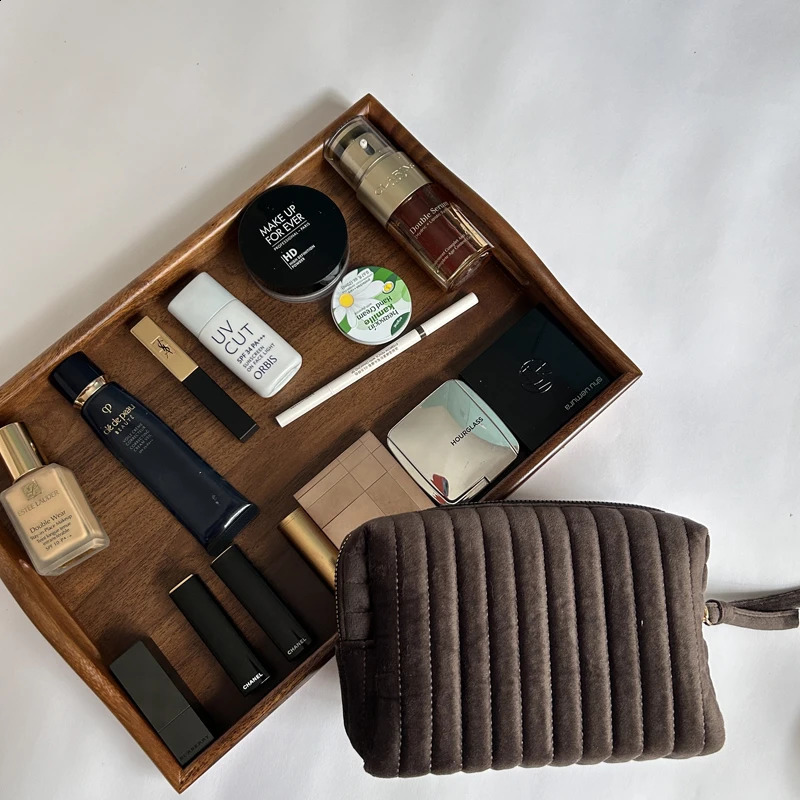 Soft Velvet Makeup Bag Cosmetics Zipper Stitching Striped Storage Bag Retro Portable Mini Toiletries Organizer 250221