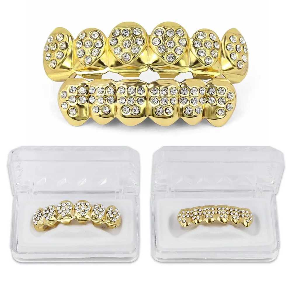 TOPGRILLZ Gold Color Plated CZ Rhinestone Hip hop Heart-Shed Tooth Grillz Top Bottom GRILLS Set Teeth Gift For FriendsXJ241225