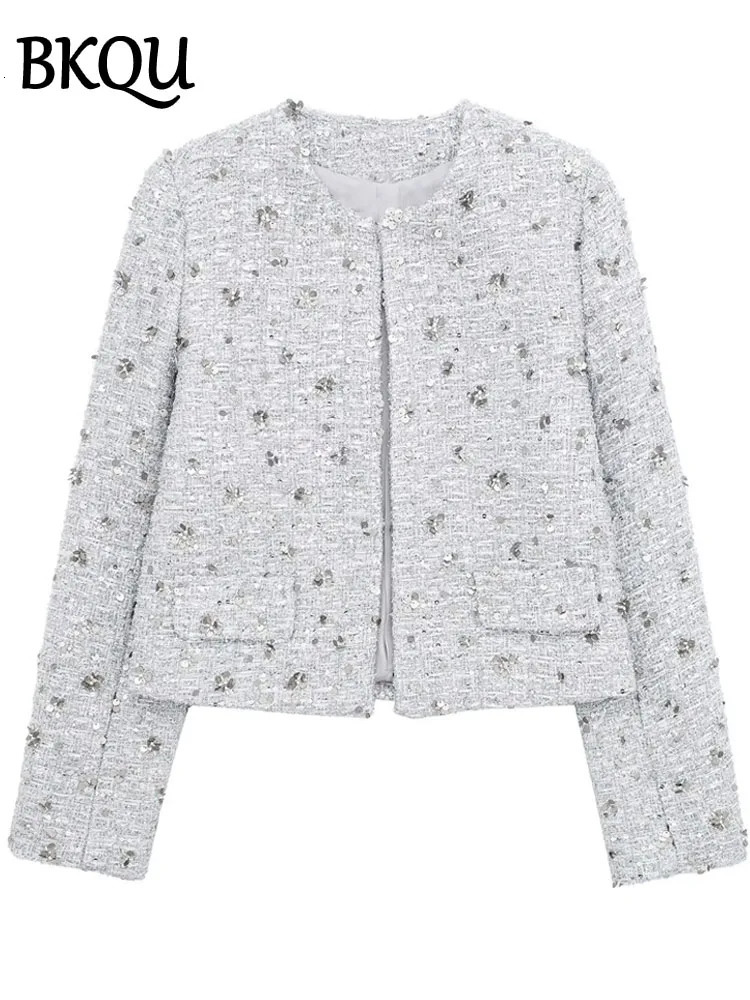 BKQU Fashion Sequin Cropped Jacket Women Autumn Winter Tweed Warm Elegant O-Neck Long Sleeve Female Coats Y2k High Streetwear 241223