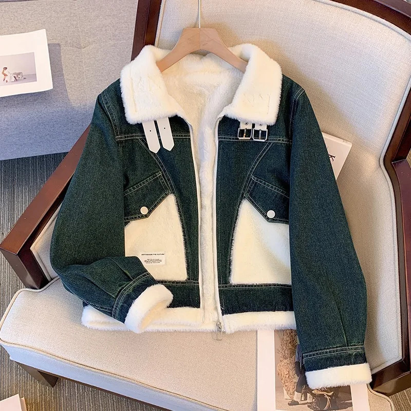 Thickened Lapel Denim Coat Windproof Outerwear Women Fashion Loose Jacket Coat Loose Outerwear Long Sleeved Wool Autumn Winter 241223