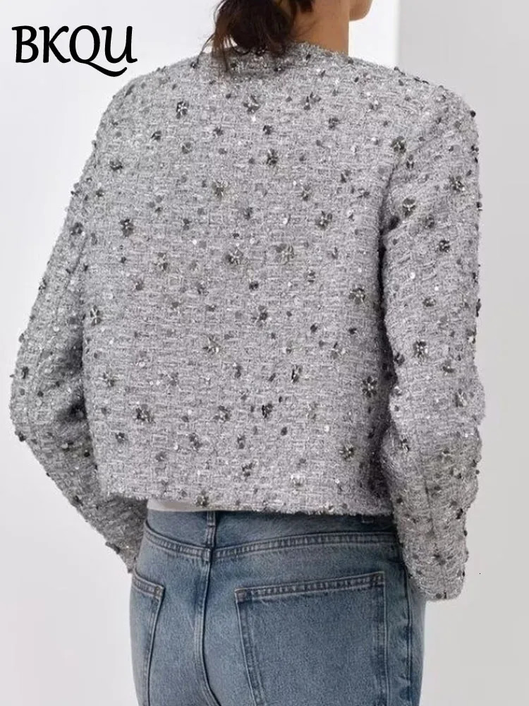 BKQU Fashion Sequin Cropped Jacket Women Autumn Winter Tweed Warm Elegant O-Neck Long Sleeve Female Coats Y2k High Streetwear 241223