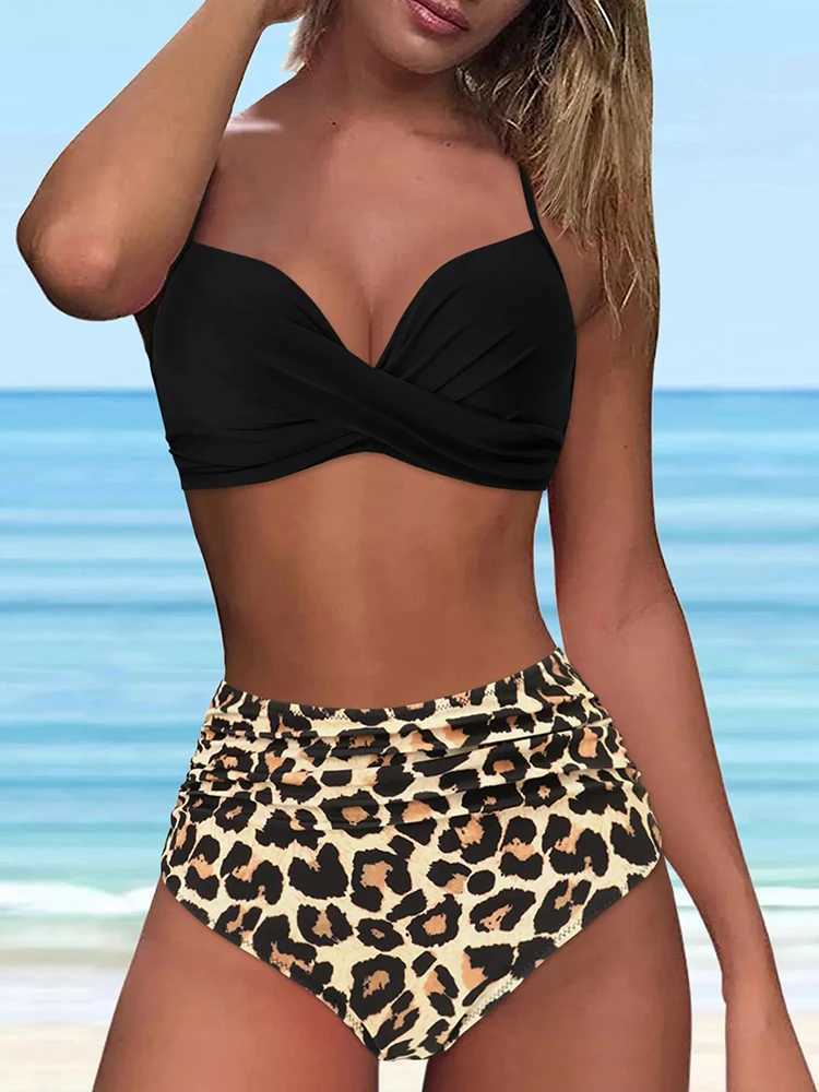 OIINAA swimsuit womens floral print sexy solid bikini set leopard print beachwear swimsuit 2024 two-piece pleated swimsuitW241225