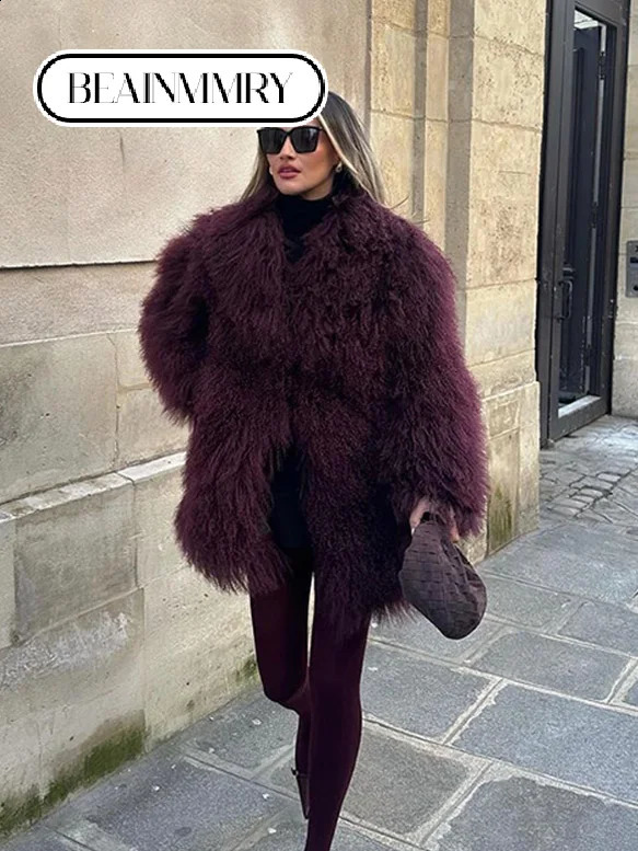 Winter Solid Faux Fur Thicken Midi Coat Women Burgundy Long Sleeve Lapel Loose Warm 2024 Vintage Street Female Outerwear 241223