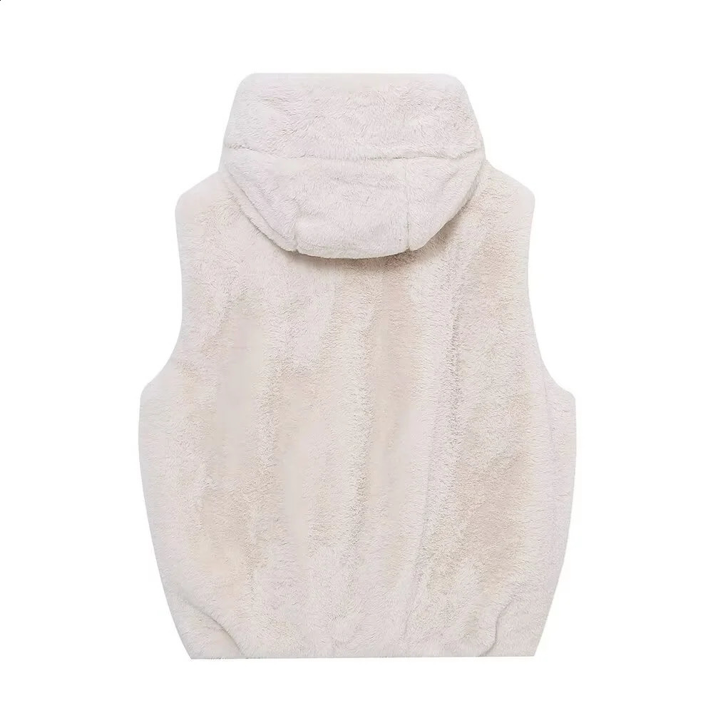 UNIZERA loose sleeveless hooded solid color fur vest autumn and winter zipper jacket for women 241220
