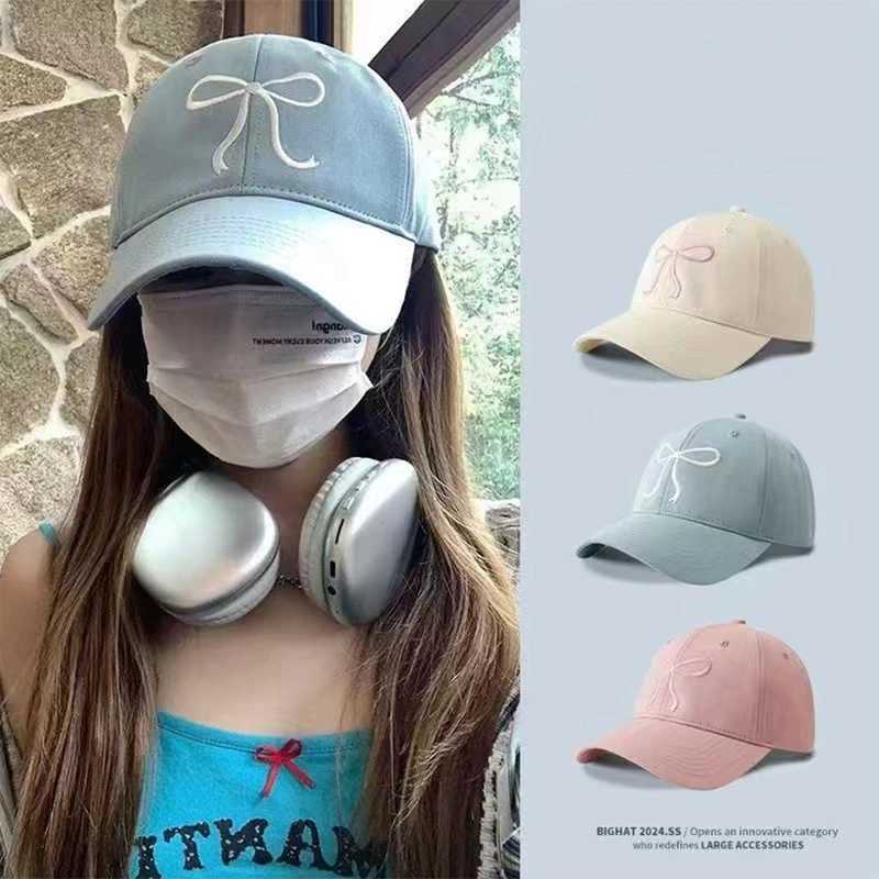 Korean Bow Baseball Hat Womens Y2K Pink Bow Embroidered Snap Cap Summer Adjustable Soft Top Foot Cap W241225
