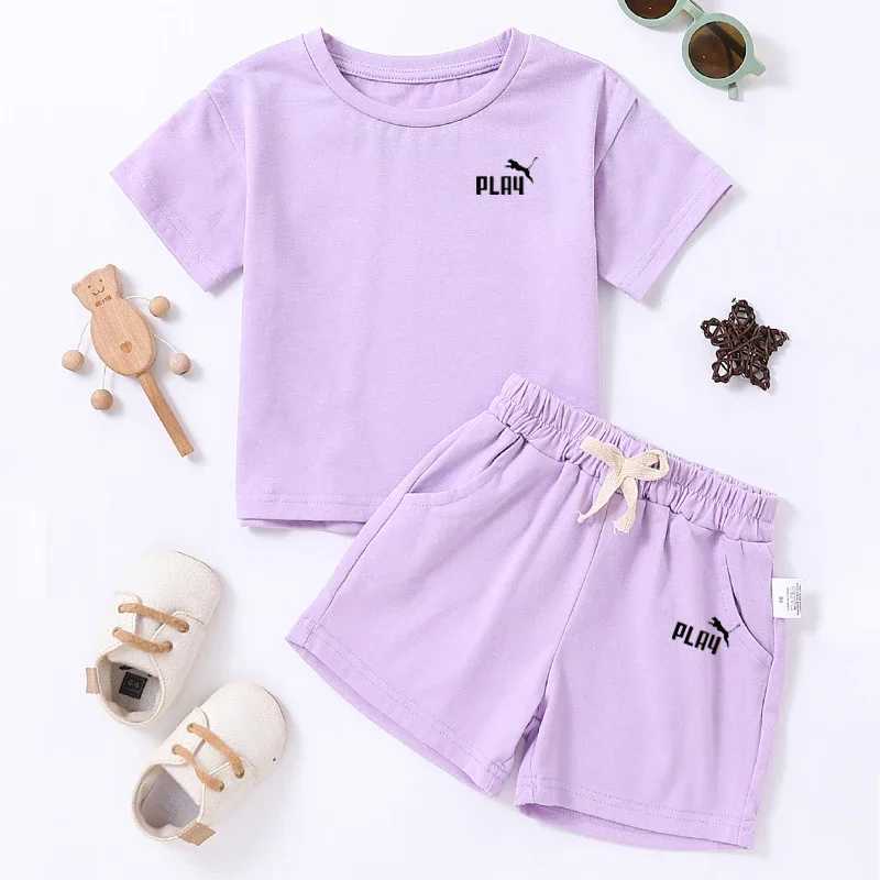 Clothing Sets 2024 New Boys and Girls Fashion Printed Set Kids Short Cotton Shorts Two Piece Casual Soft Clothing 0-6YY241225IE37