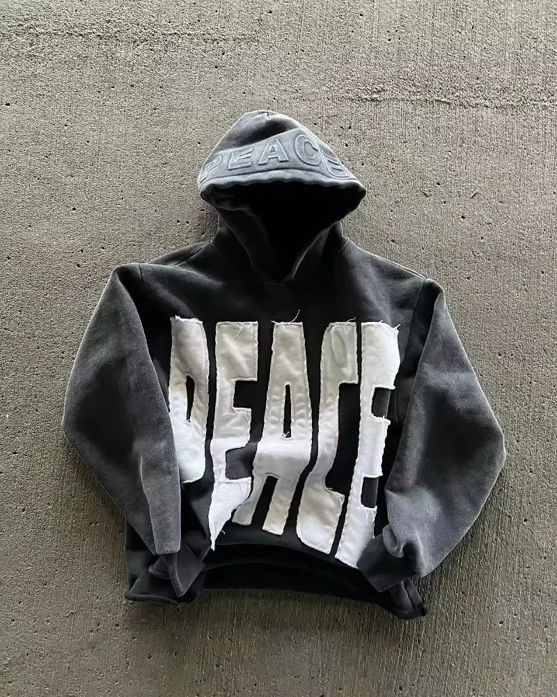 American Y2K Letter Patch Pullover Hoodie Men Street Hip Hop Retro Fleece Padded Sweatshirt Couple Casual Loose Warm Hoodie 241224