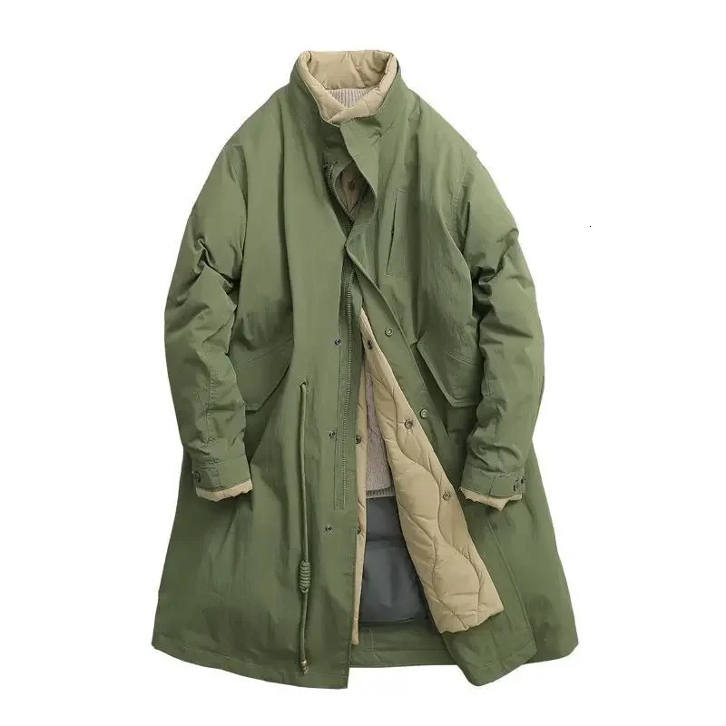 Winter Japanese Retro Stand Collar Long Cottonpadded Parkas Mens Causla Loose High Street Overcoat Windbreakers Male Clothes 241225