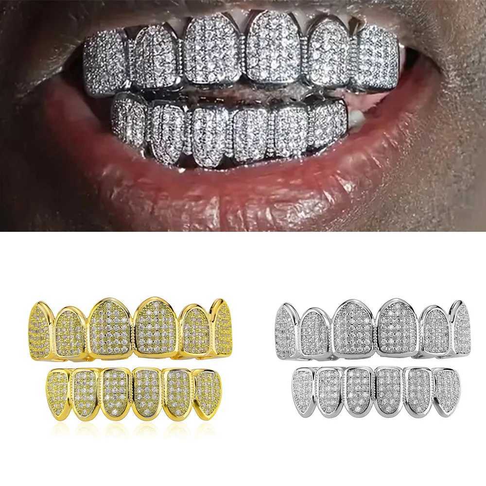 YOUNGX Hip Hop 6/6 Full Zircon Teeth Grillz Gold Silver Color CZ Stone Tooth Cs For Women Men Jewelry Halloween CosplayXJ241225