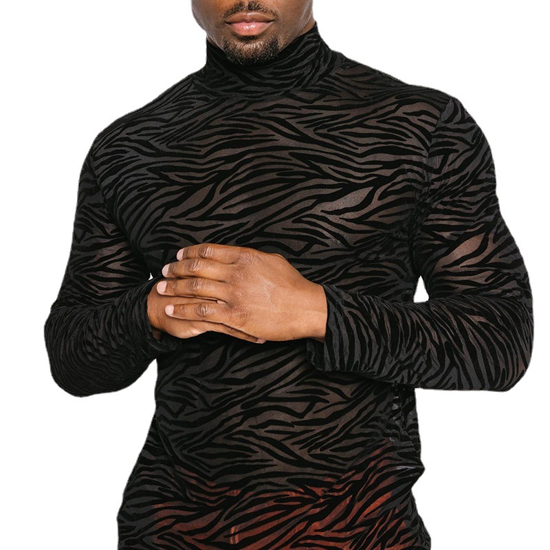 Mens T Shirts mesh see through black tshirt men shirts long sleeve leopard stripes bodycon slim fit streetwear high neck fashion party male