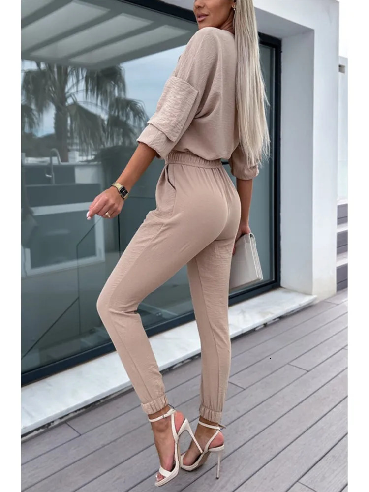 Autumn Jumpsuit Women Solid Color Vneck Belt Pocket High Waist Slim Jumpsuits Fashion Casual Commuting Ladies Bodysuits MsChuh 241225