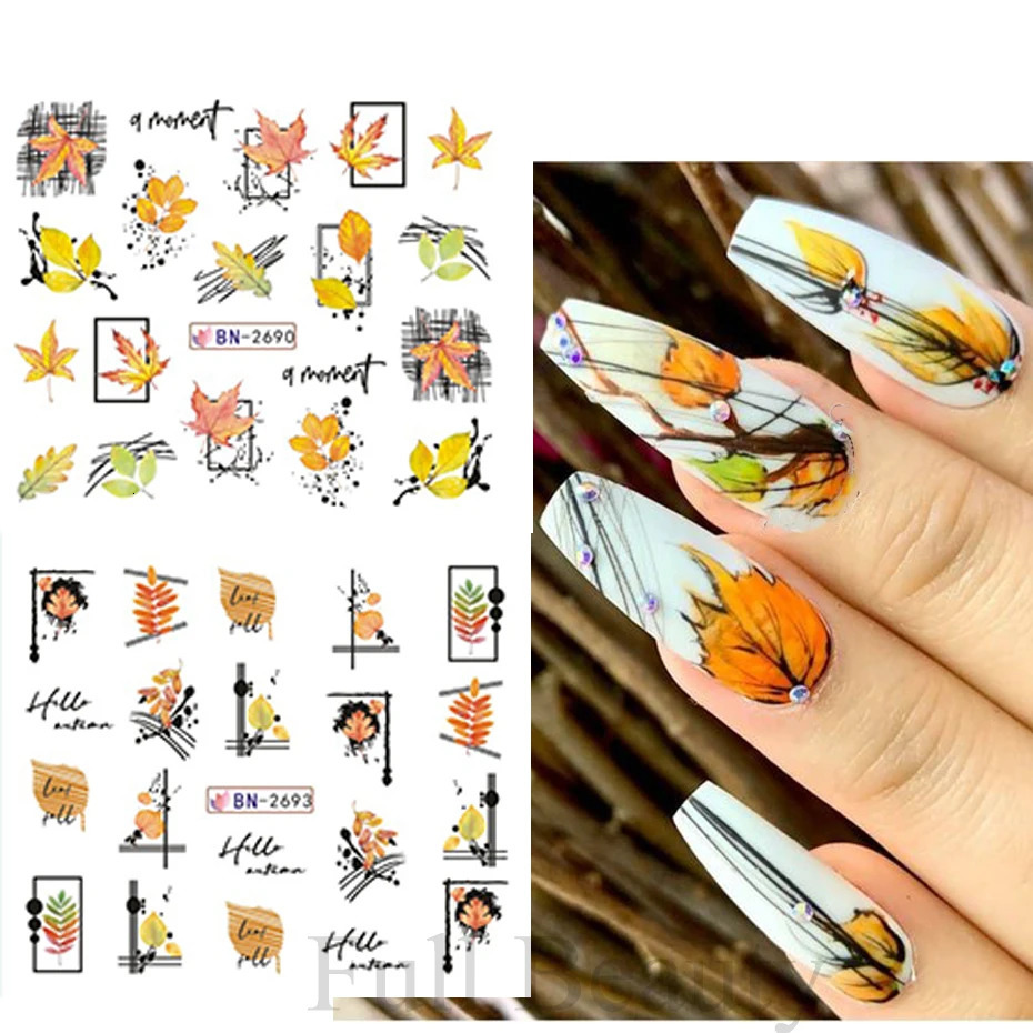 12pcs Fall Leaves Nail Art Stickers Maple leaf Animal Cartoon Water Slider Abstract Nail Decals Autumn Flowers Decor Manicure 241225
