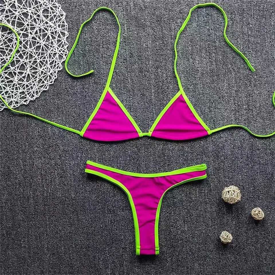 Womens sexy bikini set low waisted V-shaped thong solid color ultra-thin no pad front buckle swimsuit summer beachwearW241225