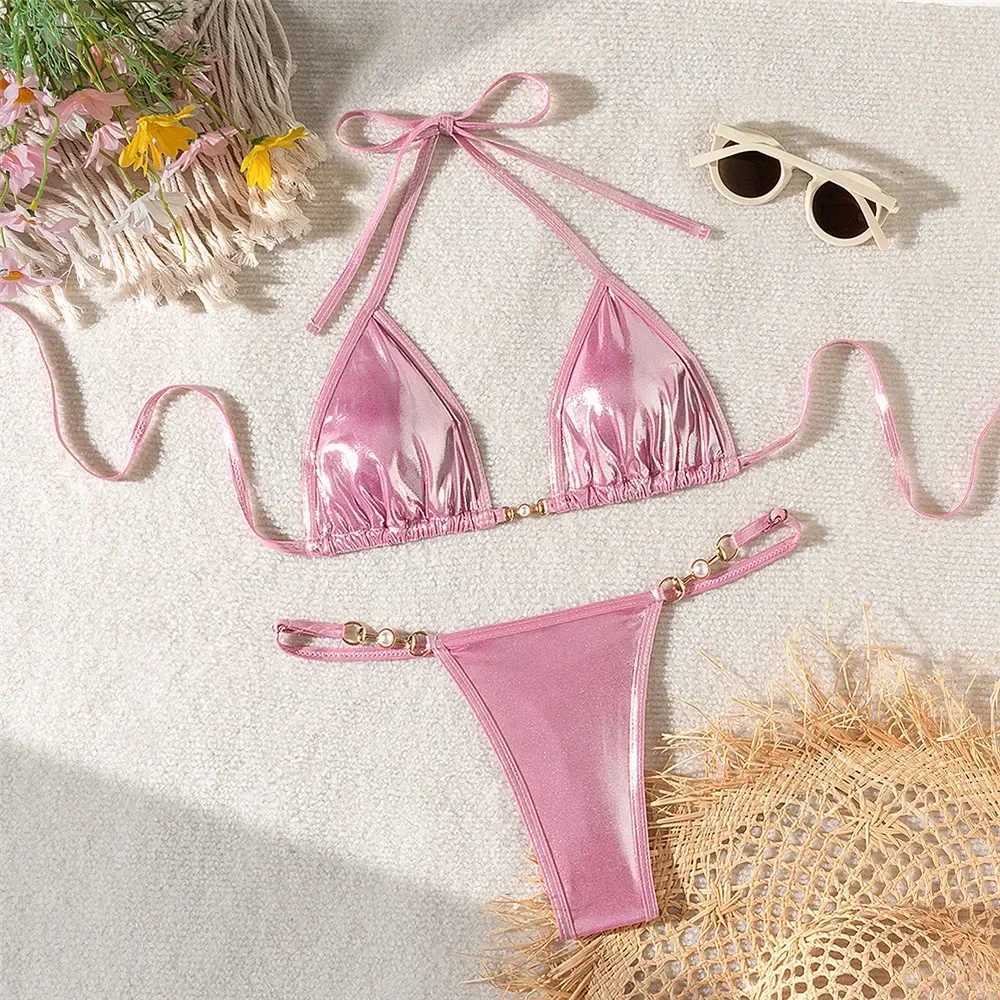 Sexy pink shiny swimsuit suspender mini thong bikini set flawless triangle swimsuit womens 2024 bead mini swimsuitW241225