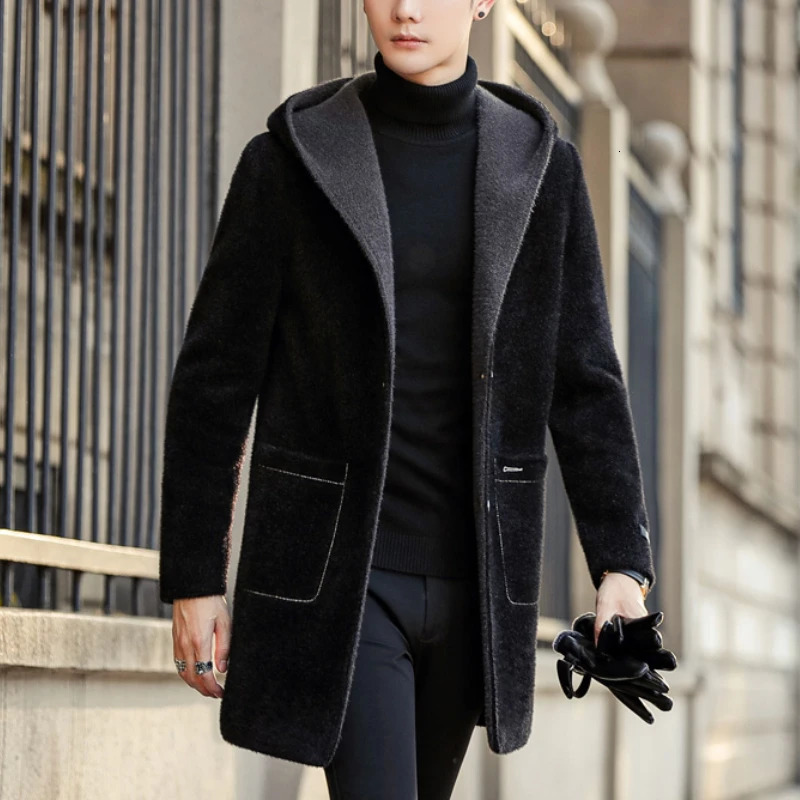 Winter Long Wool Blends Jacket Men Hooded Casual Business Trench Coat Social Streetwear Woolen Windbreaker Clothing 241225