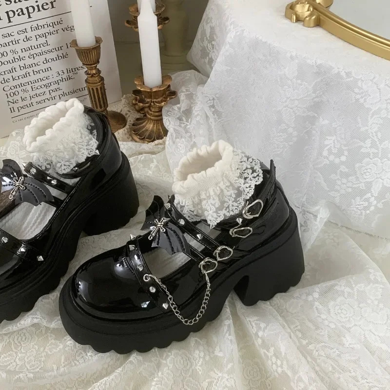 Lolita Shoes for Women Punk Platform Pumps Japanese Patent Leather Mary Jane Shoes Black Goth Footwear 241225