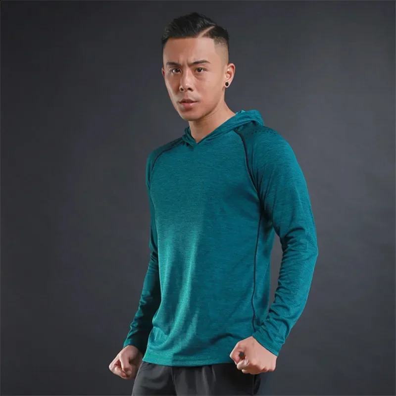 Men Elastic Running Tops Breathable Long Sleeve Gym t Shirt Male Casual Hooded tShirts Quick Dry Fitness Shirts Man Clothing 241223