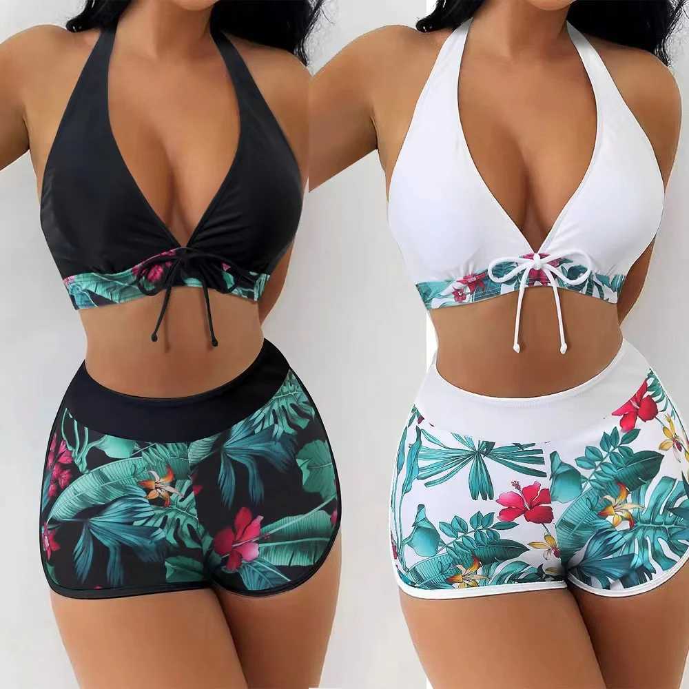 Womens two-piece bikini with printed bottom tie set swimsuit strap triangular swimsuitW241225