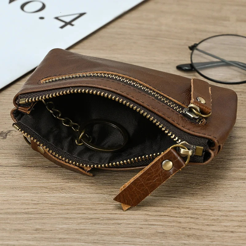 Little Coin Genuine Real Cowhide Mens Leather Short Mini Purse Men Women Wallet Card Zip With Key Ring
