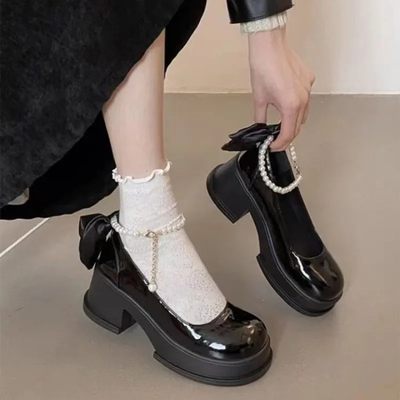 Spring/Summer High Heels Shoes Lolita Skirts Pearl Buckles Bow Mary Jane Shoes Womens Shoes Banquet Casual Shoes for Women 241225