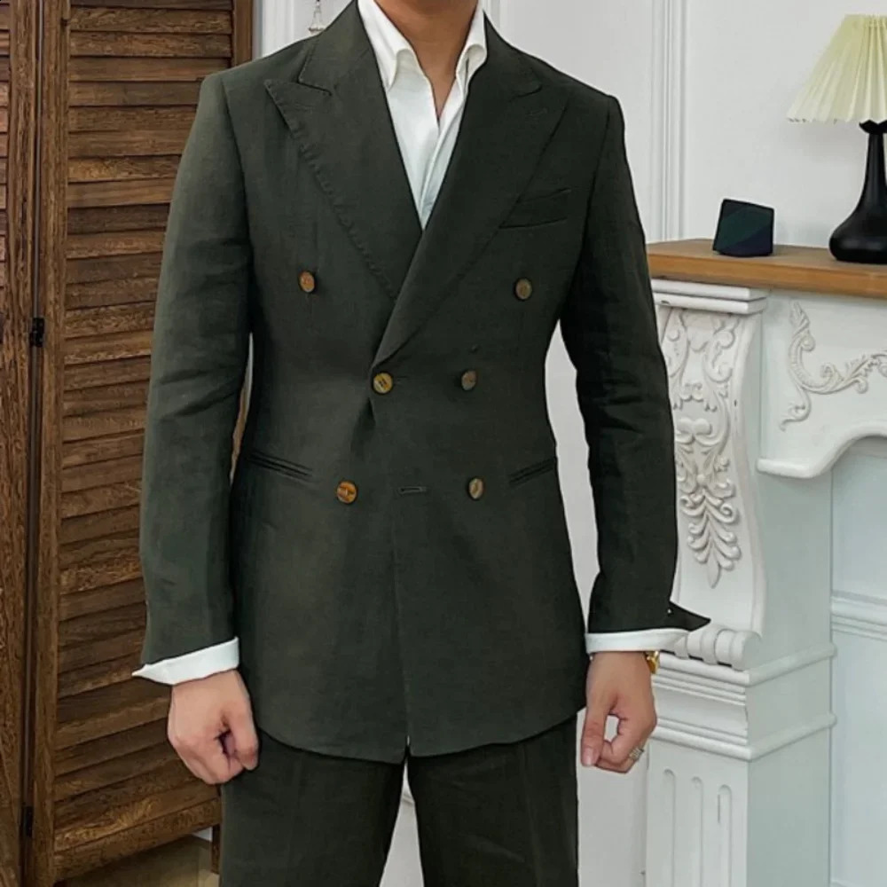 Chic Linen Suits for Men 2 Piece Fashion Lapel Double Breasted Blazer Sets Business Casual Slim Beach Wedding Party Tuxedo 241223