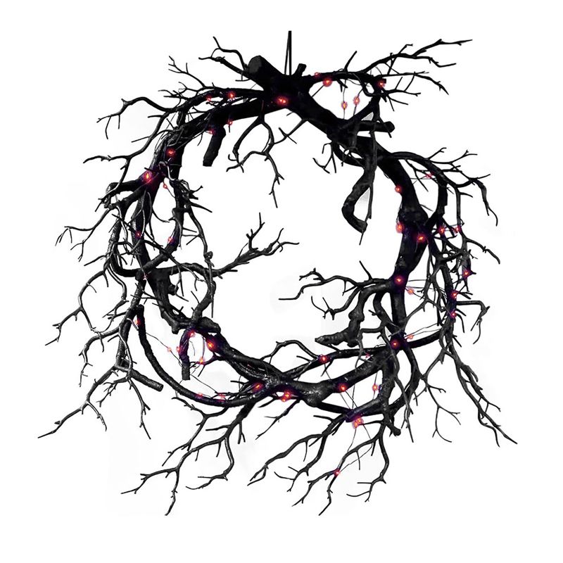 2025 Halloween Wreath Decoration for Front Door LED Lights Glitter Black Branch Halloween Decorations Scary Home Indoor Outdoor Party Decoration