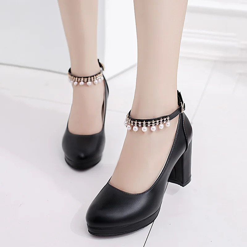 Womens Wedding Shoes String Bead Ankle Strap Elegant Middle High Heel Dress Platform Bridal Pearl Pumps 8cm Autumn Leather 241225