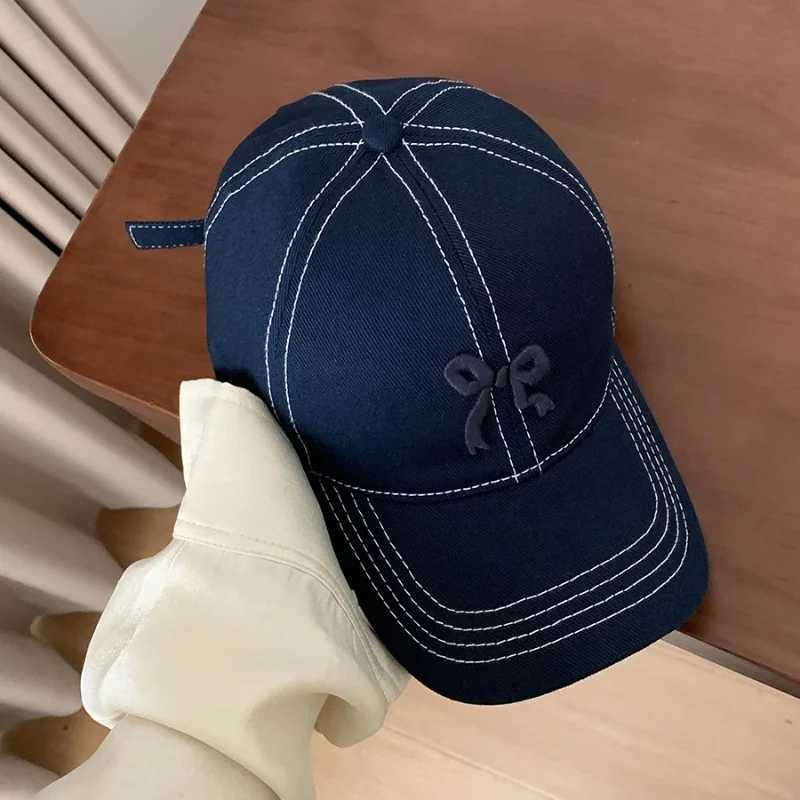 Korean bow flower embroidered baseball cap womens cute plum outdoor sun hat adjustable sports leather hat W241225